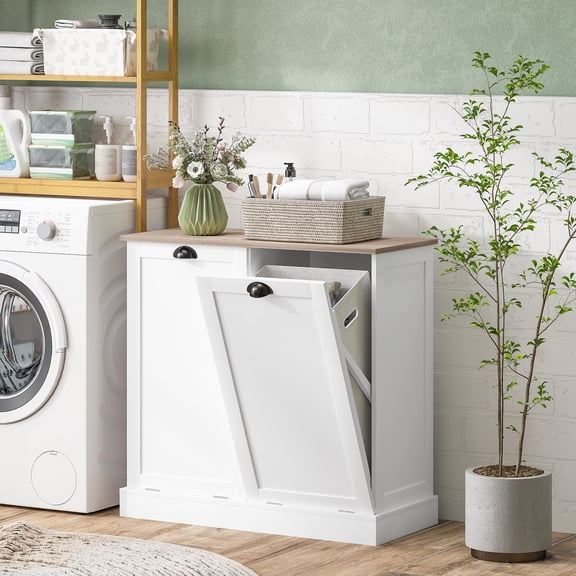 HOMCOM Dual Tilt-Out Laundry Hamper Cabinet with 2 Removable Baskets, Modern Bathroom Storage Cabinet with Shaker Doors and Handles, White