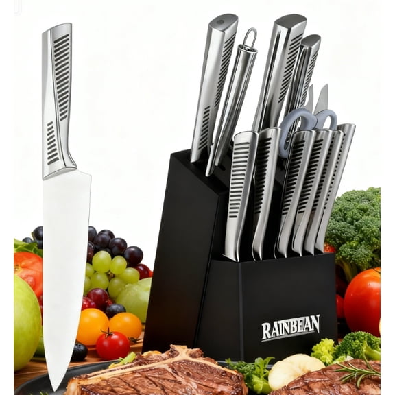Kitchen Knife Set, RAINBEAN 15 Piece Knife Sets with Block Chef Knife Stainless Steel Hollow Handle Cutlery with Manual Sharpener
