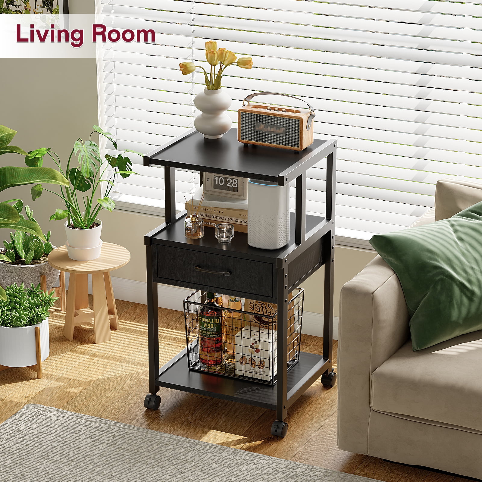 YQ JENMW Printer Stand with Wheels,Drawer and Storage Shelf,3-Tier Rolling Mobile Printer Cart Fits Letter and A4 Size Files for Home Office,Black
