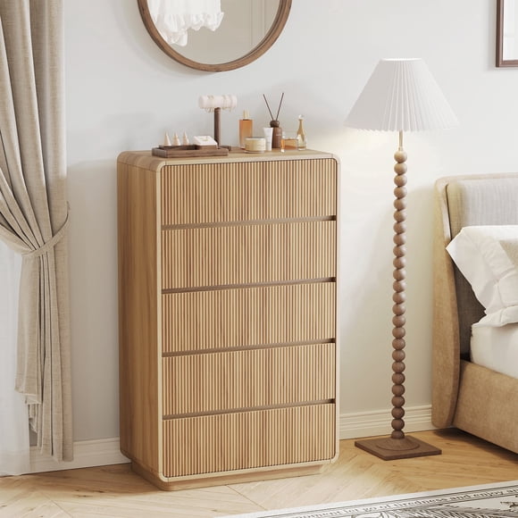 MARNUR 5-Drawer Dresser for Bedroom, 84lbs Heavy-Duty, Curved Fluted Wave Design, Anti-Tip & Silent Slides, Large Storage, Oak