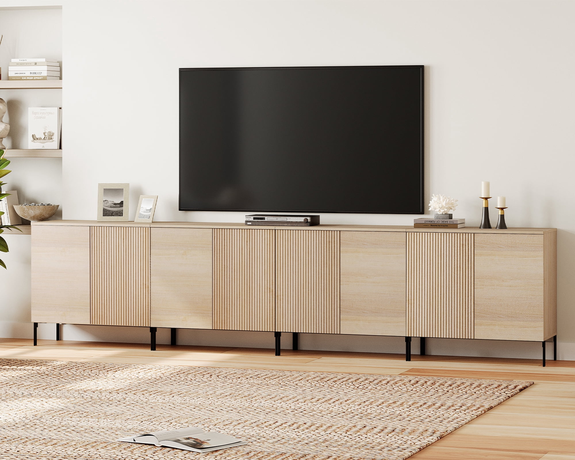 126" Modern Fluted TV Stand with 8 Doors, Entertainment Center with Adjustable Shelf, Wooden TV Console with Storage for Living Room