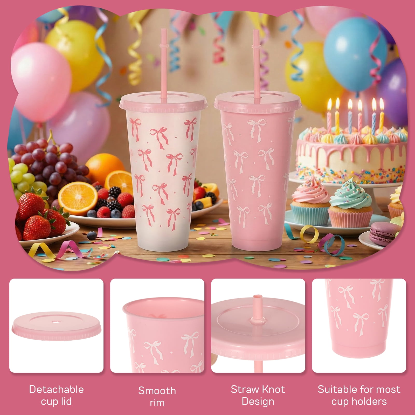 24 Pcs 24oz Bow Plastic Cup with Lid Straw and Ribbon Reusable Tumbler for Birthday Wedding Baby Shower Bridal Party Pink