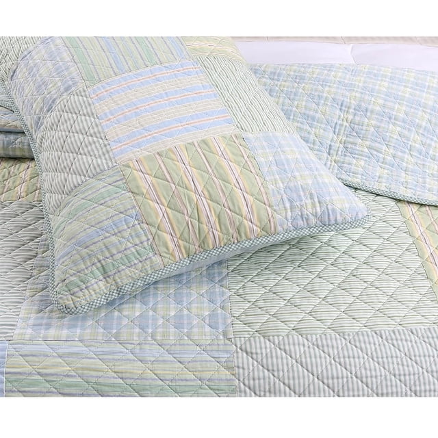 Comforter Set Queen Size 3-Piece Coverlet Set for Night Sleep Bedding Quilt with Green Yellow Blue Plaid Striped Real Patchwork