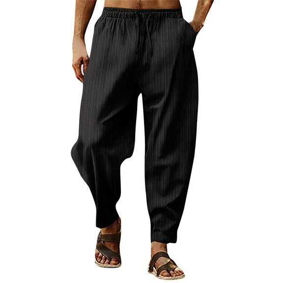 JTieacloth Drawstring Pants for Men Men's Spring And Autumn Casual Pants With Solid Color Striped Elastic Loose Pants Fashion Sweatpants Black