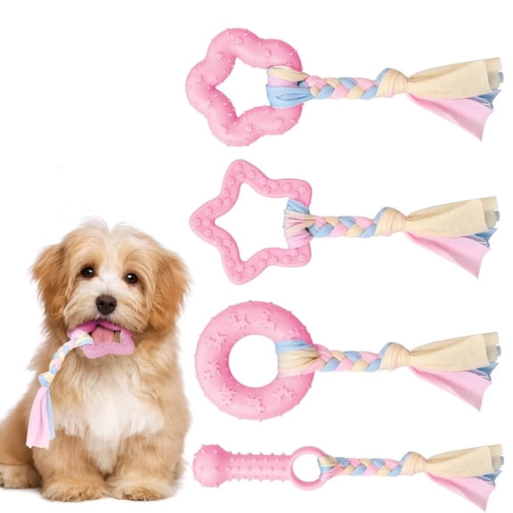 4 Pack Puppy Chew Toys for Teething Small Dogs,Pink Rubber Puppy Teething Toys Plush Squeaky Dog Toys for Cleaning Teeth Interactive Pet Doggy Bone Toys