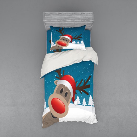 Christmas Duvet Cover Set, Rudolph the Reindeer with Santa Hat Holiday Kids Themed Fun Cartoon, Bedding Set with Shams and Fitted Sheet, 3 Sizes, by Ambesonne