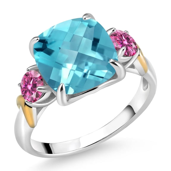 Gem Stone King 925 Silver and 10K Yellow Gold Swiss Blue Topaz and Pink Moissanite 3 Stone Ring for Women (4.51 Cttw, Gemstone Birthstone, Cushion Checkerboard 10MM, Round 4MM, Size 8)
