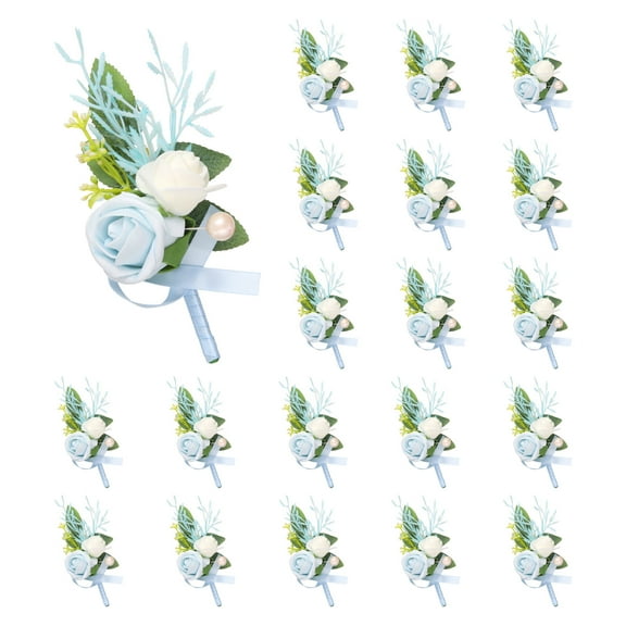 20pcs Light Blue Boutonnieres for Men, Artificial Flower Pocket Corsage for Wedding Party