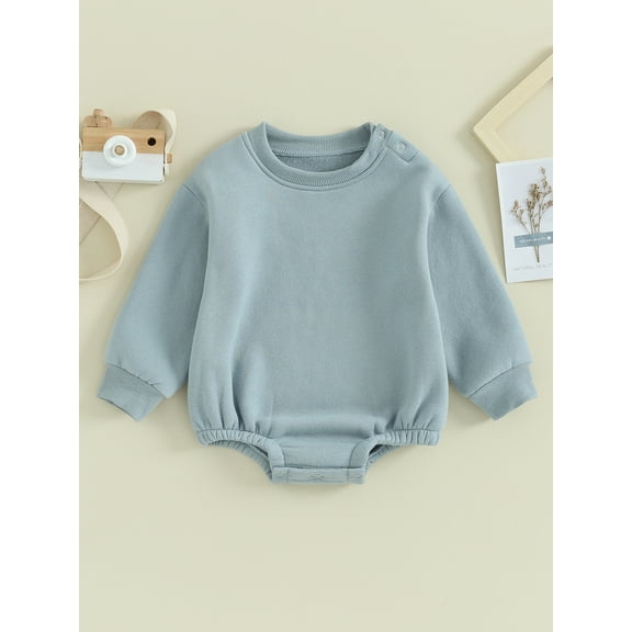 Loicainy Infant Baby Boy Girl Fleece-lined Bodysuit 3 6 9 12 18 Months Solid Color Round Neck Long Sleeve Sweatshirt Romper Toddler Fall Clothes