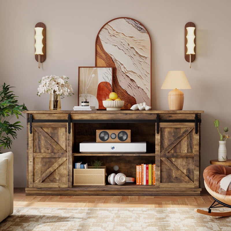 Vineego 70 inch Farmhouse TV Stand for Living Room, Entertainment Center with Sliding Barn Doors & 4 Storage Drawers, Adjustable Shelves Rustic Media Console for Bedroom,Light Brown