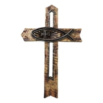 Rustic Horizontal Ichthys Jesus Fish Symbol With Arrows Faux Wooden Wall Cross