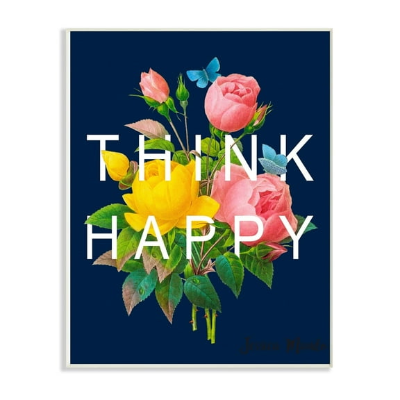 The Stupell Home Decor Navy Blue Think Happy Typography Over Floral Wall Plaque Art
