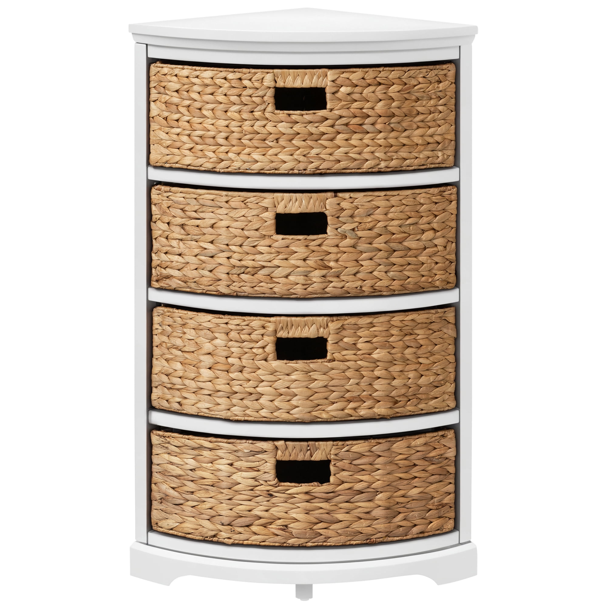 eHemco Hampton Meadows 4 Tier X-Side Corner Storage Cabinet with 4 Wicker Baskets, White