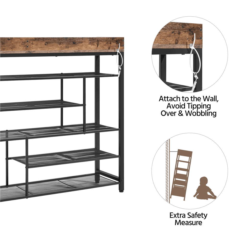 Alden Design 6-Tier Metal Shoes Rack Organizer with Wooden Top for Entryway, Rustic Brown