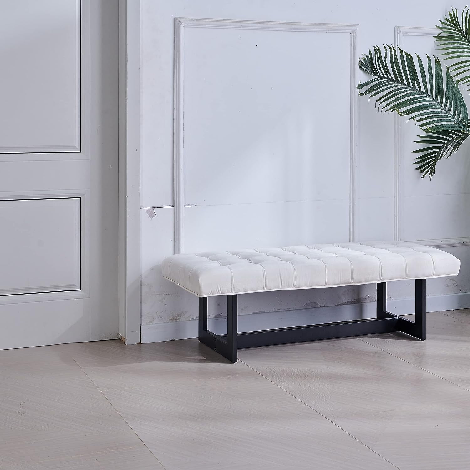 Nathaniel Home 48'' Button-Tufted Kids Ottoman, Upholstered Bedroom Benches, Vegan Leather Footrest Stool Accent Bench, for Living Room End of Bed White
