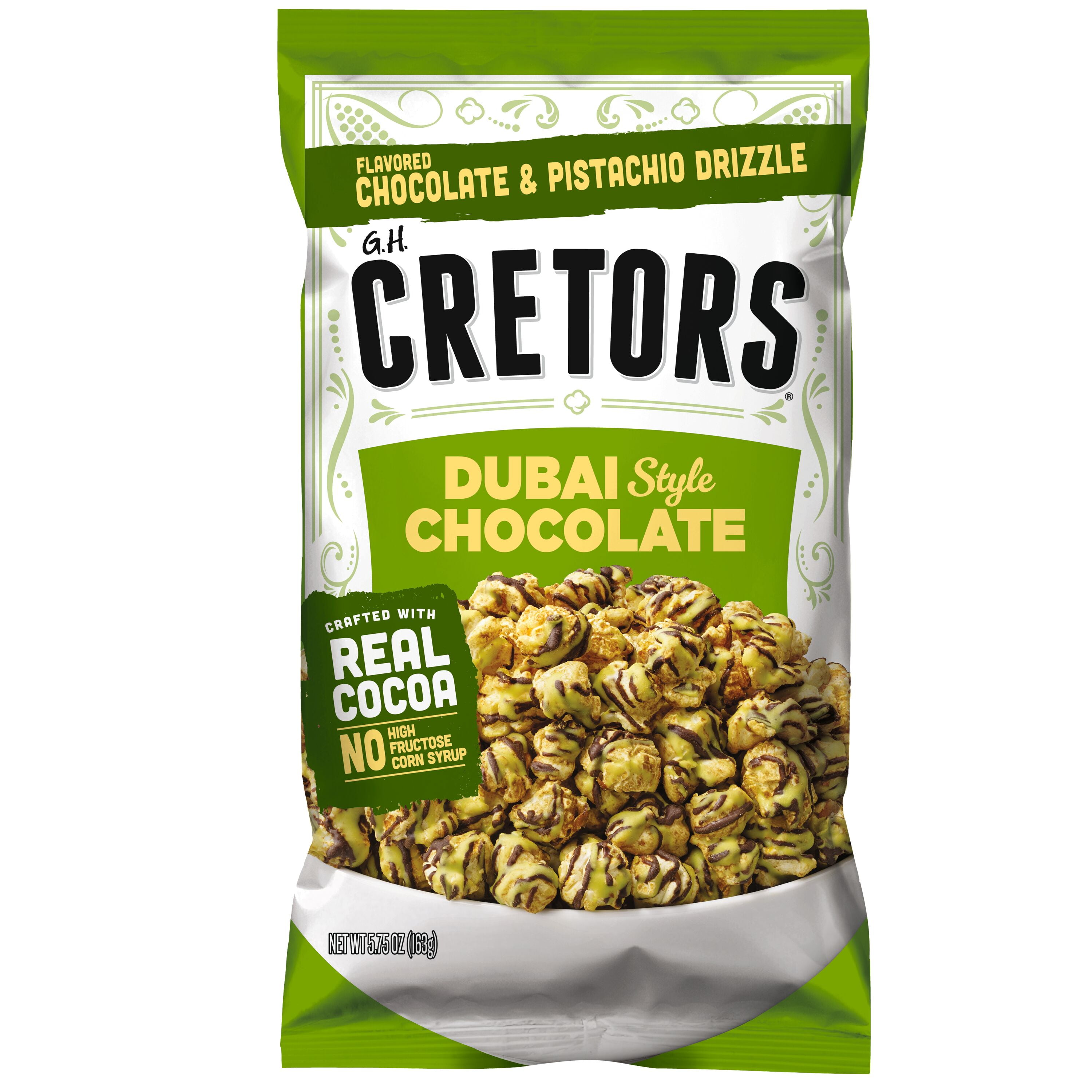 (6 pack) G.H. Cretors Dubai Style Chocolate Drizzled Popped Corn, 5.75 ounces