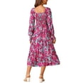 thumbnail image 3 of INSPIRE CHIC Women's Casual Floral Long Sleeve Square Neck Smocked Ruffle Hem Flowy Midi Dress with Pockets L Hot Pink, 3 of 5