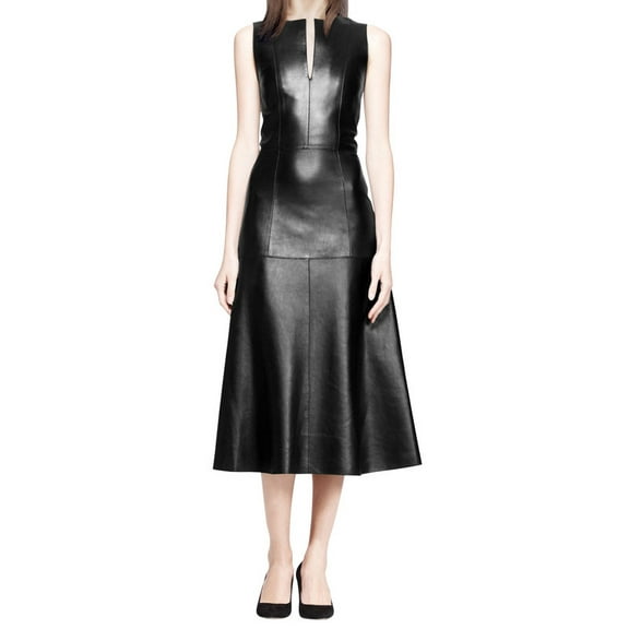 100% Lambskin Leather Beautifully Designed Stylish Black Color Partywear Dress For Women