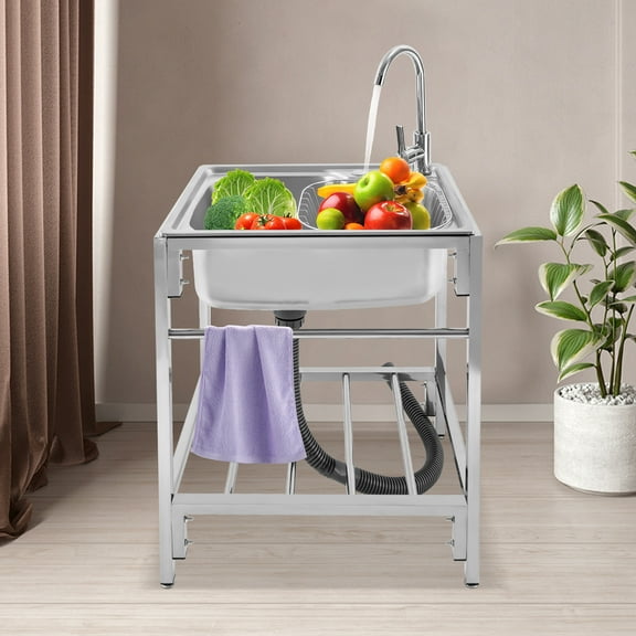 Dwellnix Utility Sink Free Standing Single Bowl Kitchen Sink Stand Stainless Steel