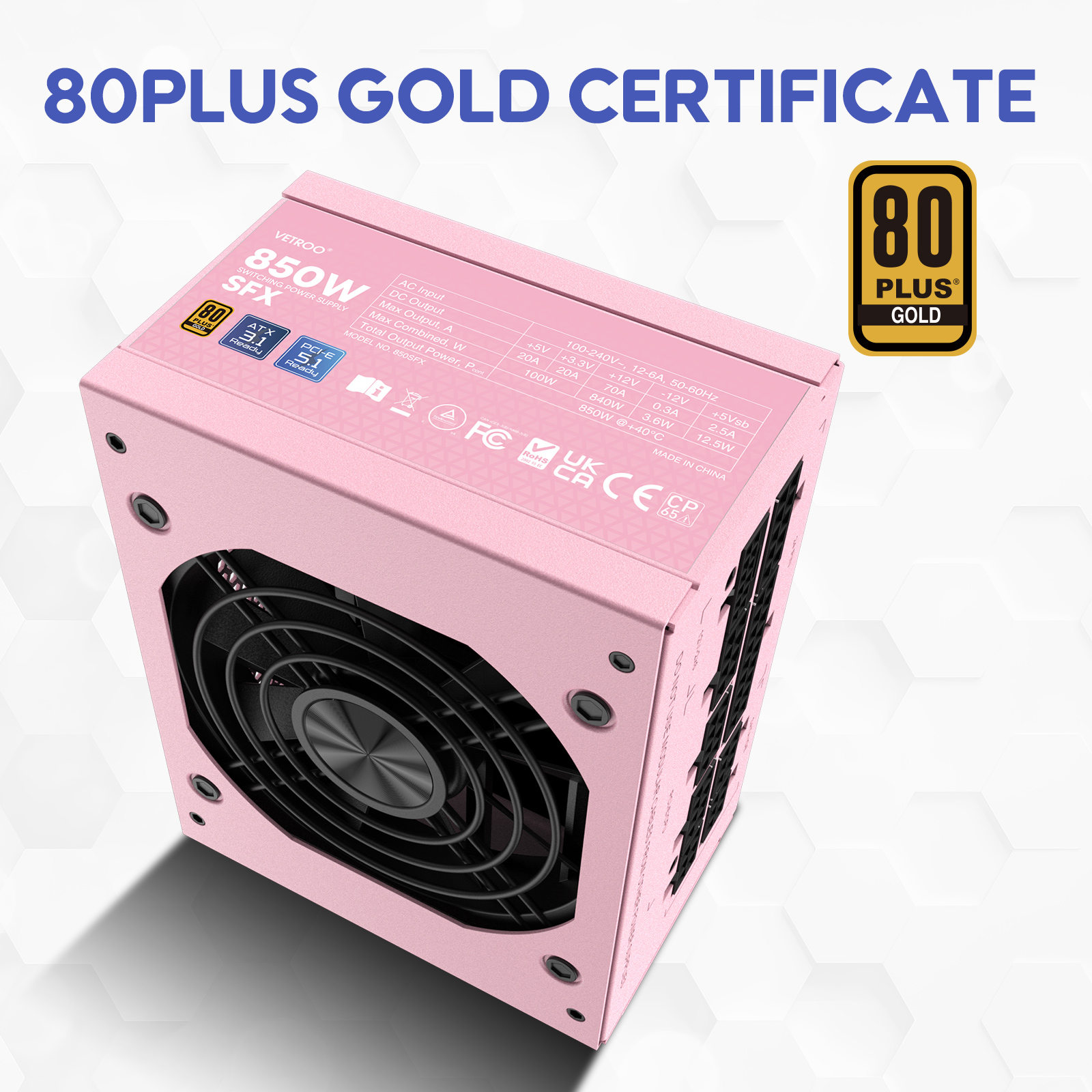 Vetroo 850W SFX Power Supply ATX 3.1 & PCIE 5.1 Ready, 80 Plus Gold Certificate Fully Modular, 90mm FDB Fan for Low-Noise Operation, SFX-to-ATX Bracket, 10-Year Warranty - Pink