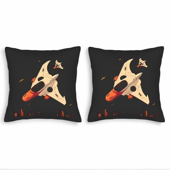 Set of 2 18x18in Throw Pillow Covers - Futuristic Spacecraft Design in Cream Orange & Red for Couch Bed Car Decor