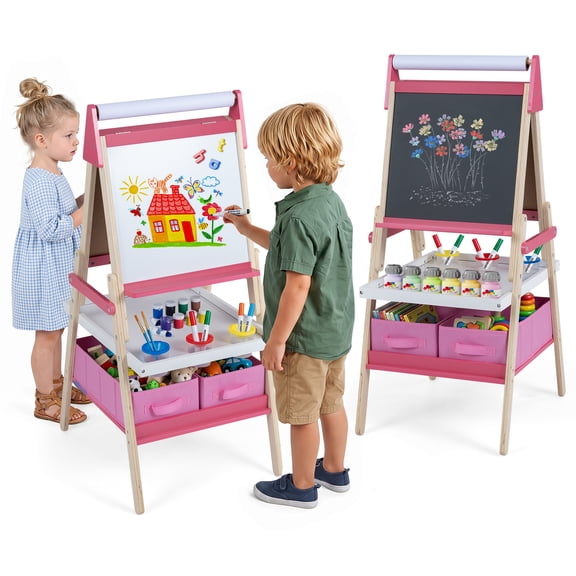 Gymax Easel for Kid Double-sided Kids Easel w/ Magnetic Whiteboard & Chalkboard Pink