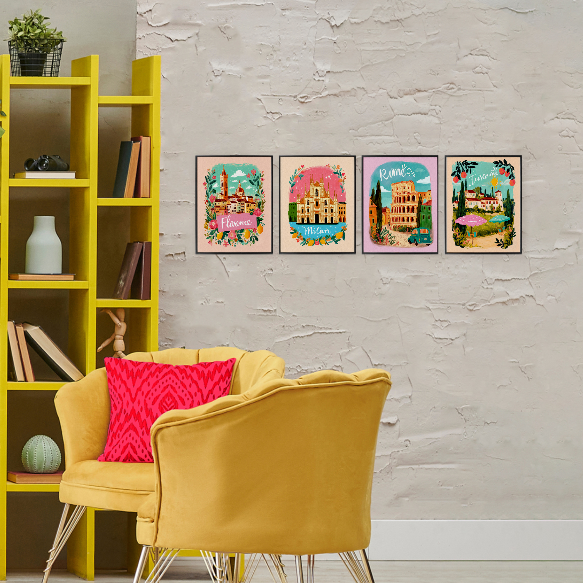 Italy Travel Locations with Florals 4 Piece Black Framed Giclee Art Set, design by Yen