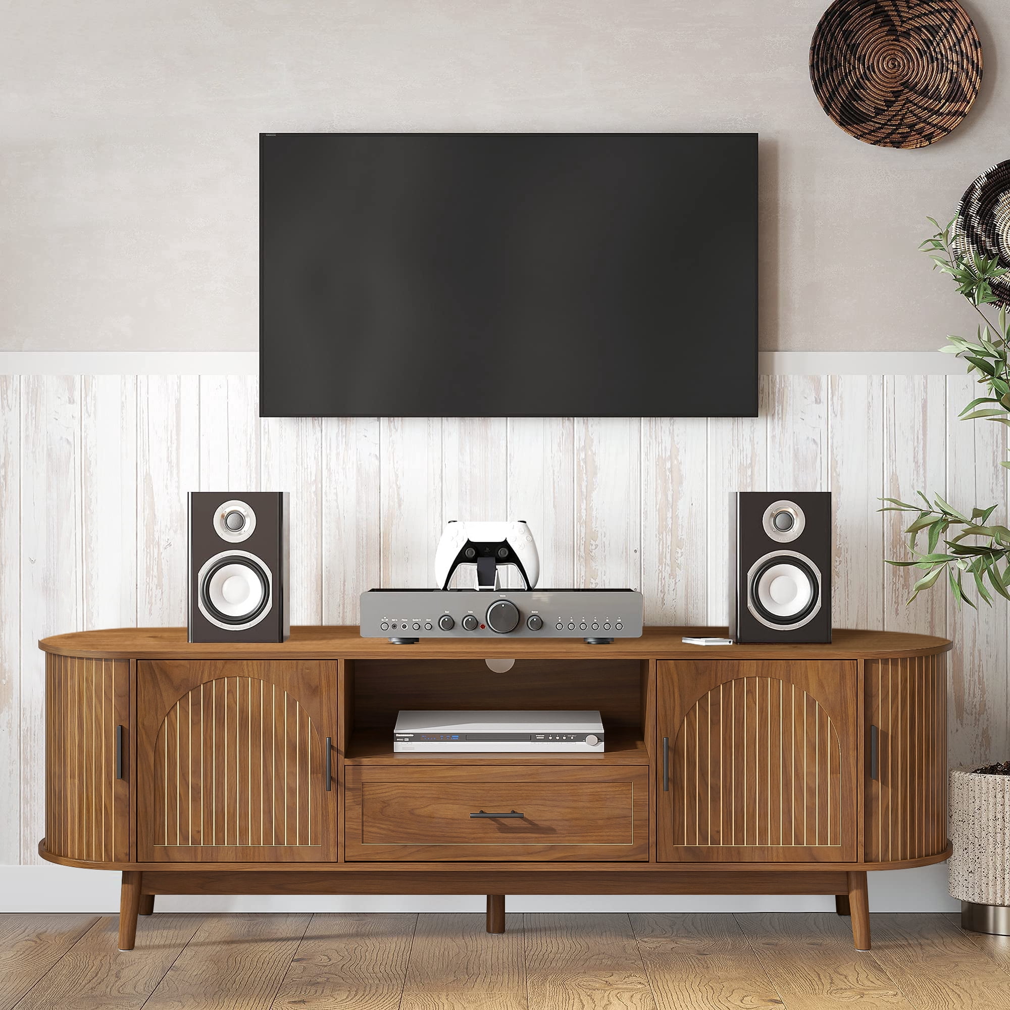 TV Stand for for TVs up to 80 Inch, 70" TV Console with Drawer and Fluted Doors, Modern Mid Century Entertainment Center for Living Room Bedroom, Walnut