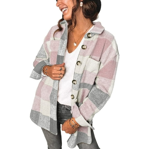 ONLYSHE Women Shacket Jacket Blouse with Pockets Flannel Plaid Top Shirt Coat Lapel Long Sleeve Tartan Outerwear