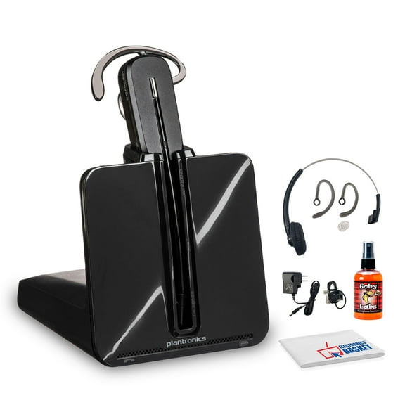 Poly CS540 Wireless DECT Headset - Single Ear - Convertible - Noise Cancelling Microphone Bundle Including: Base, Headband, Ear tips, Goby Labs Headphone Cleaner, Fiber Cloth