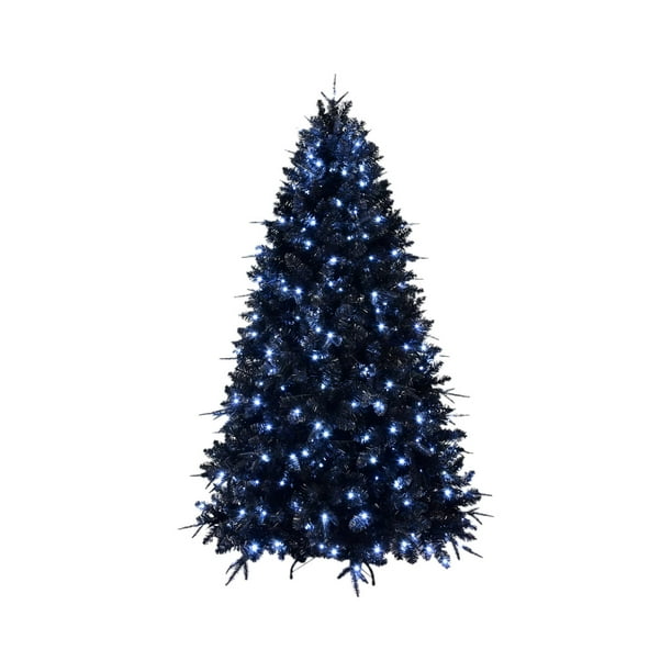 Árbol de Navidad azul y negro con luces flocadas, preiluminado, decorado con estrellas azules, árbol de Navidad artificial de 1,5 m, abeto real, pino navideño, decoración para interiores y exteriores