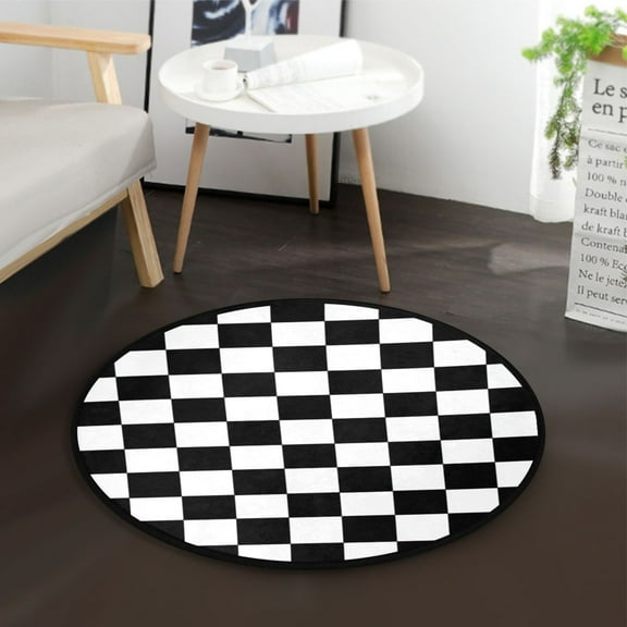 36.2 Inch Circular Floor Mat Polyester Non-Slip Carpet for Bedroom Living Room Black and White Check