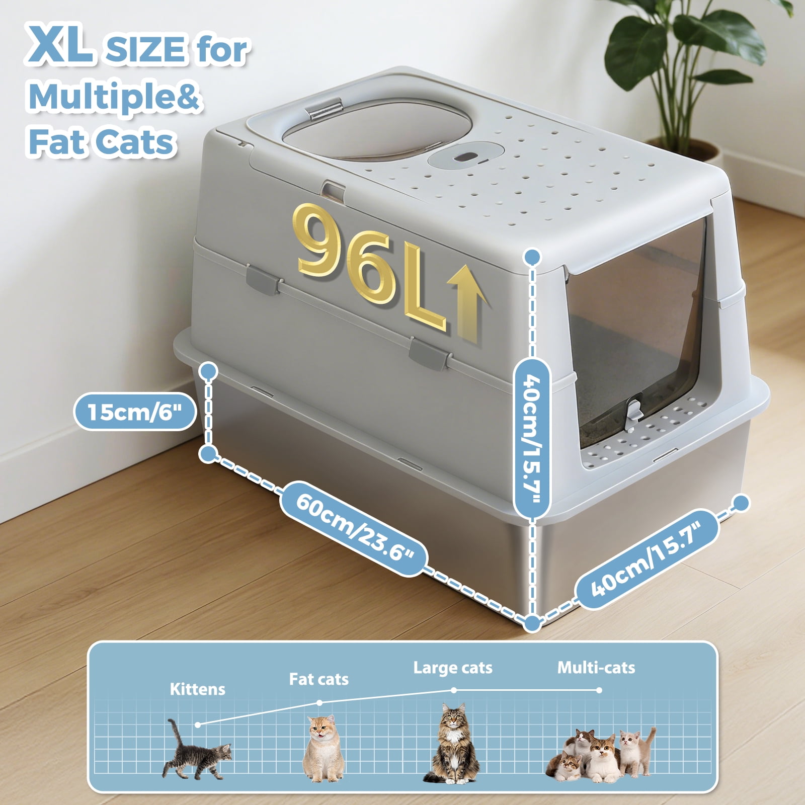 Pefilos 16" High Sides Stainless Steel Cat Litter Box, Anti-Leakage Enclosed Litter Box with Non-Sticky Metal Pan, Scoop, Front & Top Dual Entry for Big Cats, Gray