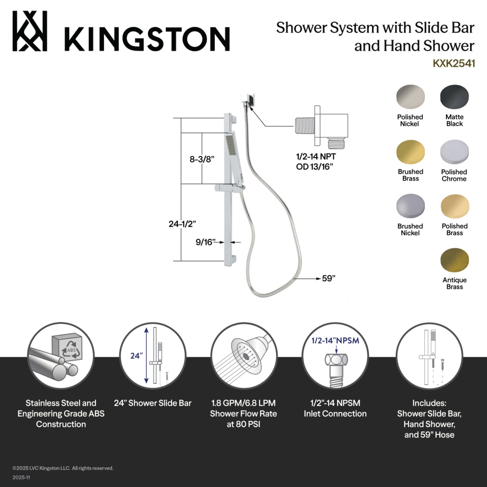 Kingston Brass Made to Match KXK2548 Shower System with 26" Slide Bar and Hand Shower, Brushed Nickel