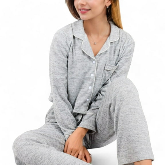 Women's Long Sleeve Button-Up Pajama Set with Piped Trim Details and Relaxed Fit - Large, Gray