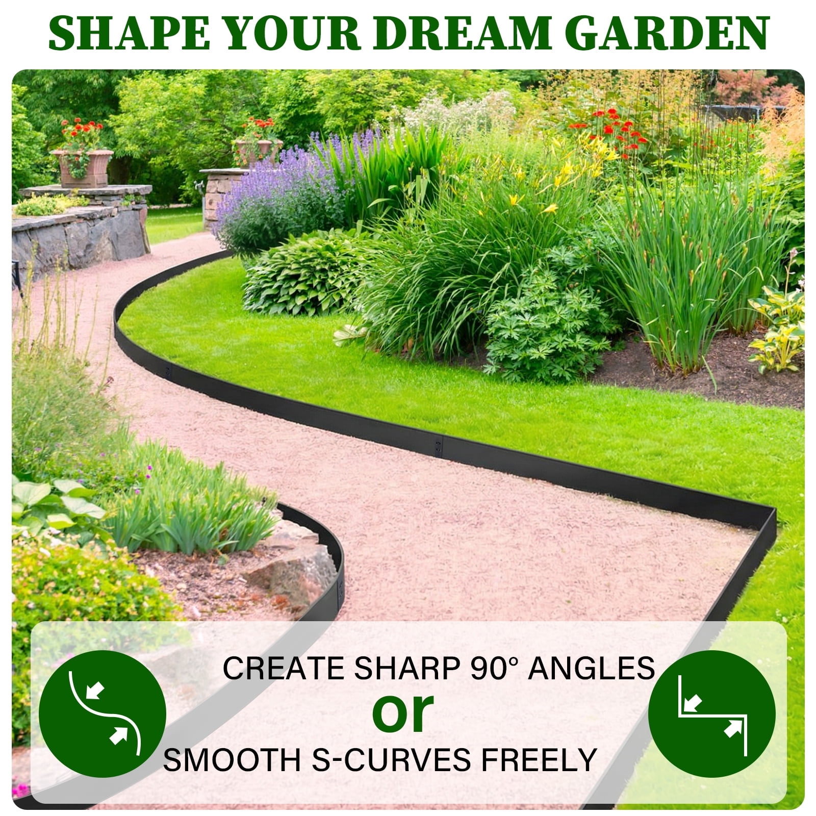 BSHAPPLUS® 8" Tall x 20 ft No Dig Galvanized Steel Landscape Edging, Metal Garden Edging Border,Bendable Lawn Edging with 6 Stakes,Flexible Lawn Strip for Flower Beds,Tree Rings,Lawn Yard and Pathway