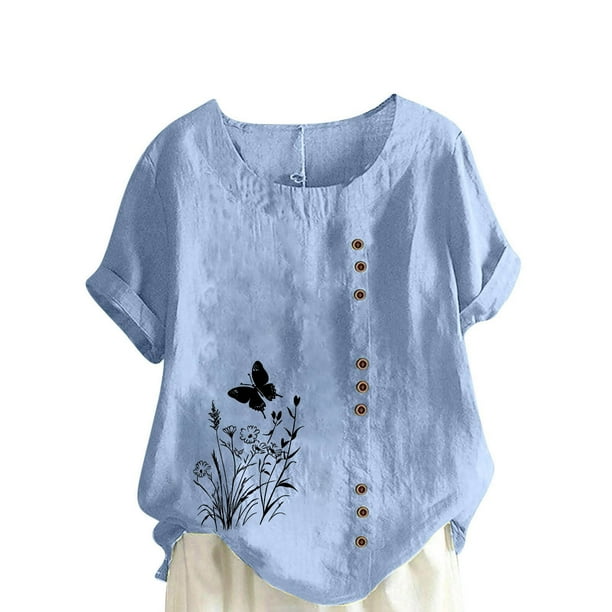 Vestidos Casuales Para Mujer, Blusas De Mujer De Moda Blusa informal de lino con cuello redondo, manga corta y botones para mujer