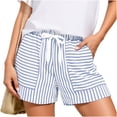 thumbnail image 2 of Women's Solid Color Striped Drawstring Elastic Waist Pants with Multi-Pockets, Soft Polyester Shorts for Casual Summer Travel & Active | TruBelle,Blue L, 2 of 6
