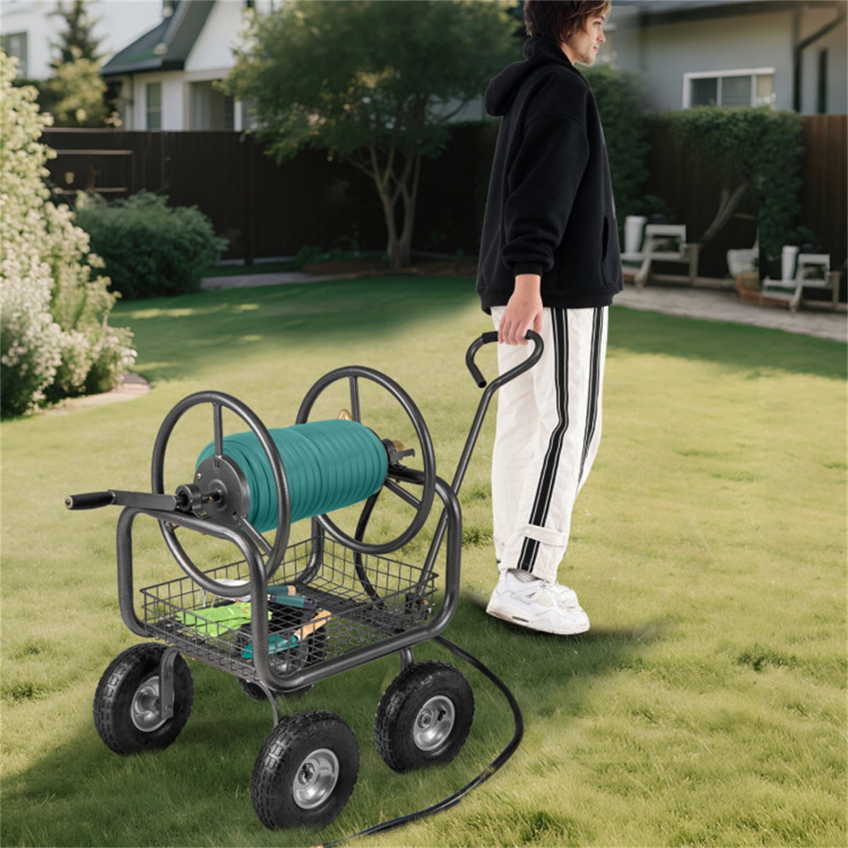 Heavy Duty Garden Hose Reel Cart 10" Pneumatic Wheels Large Capacity Hose Winder with Storage Basket & Brass Fittings Mobile Outdoor Water Hose Holder for Garden Lawn Gray