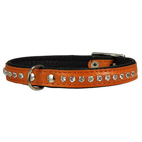 Dogs My Love Rhinestone Genuine Leather Dog Collar (Orange, 6.5"-8" Neck)