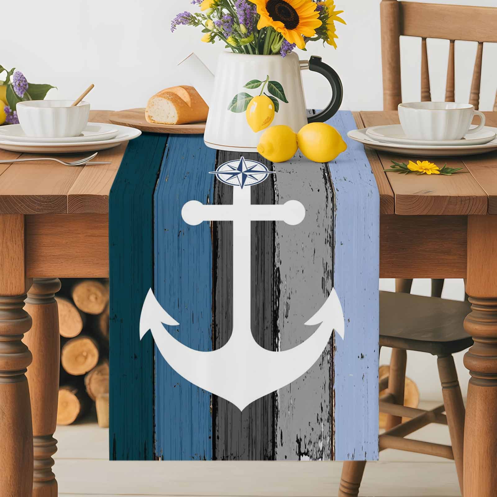 Nautical Anchor Ocean Theme Table Runner 90 Inches Long, Farm Blue Wood Board Table Runners Tabletop Scarf Kitchen Dining Tables Decoration for Home Party Indoor Outdoor