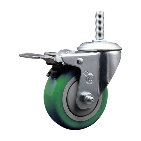 3.5 Inch Green Poly Wheel Swivel 3/4 Inch Threaded Stem Caster Total Lock Brake