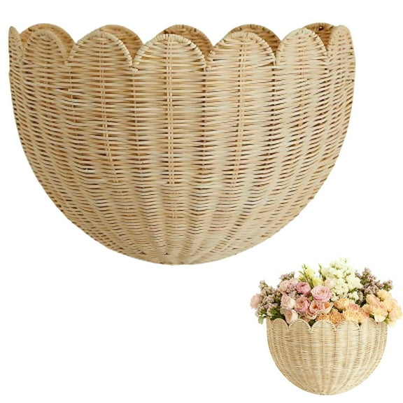 Triani 1Pcs Scalloped Wall Baskets Hand Woven Hanging Rattan Basket Hanging Woven Rattan Wall Basket Decorative Storage Organizer for Bathroom Front Door