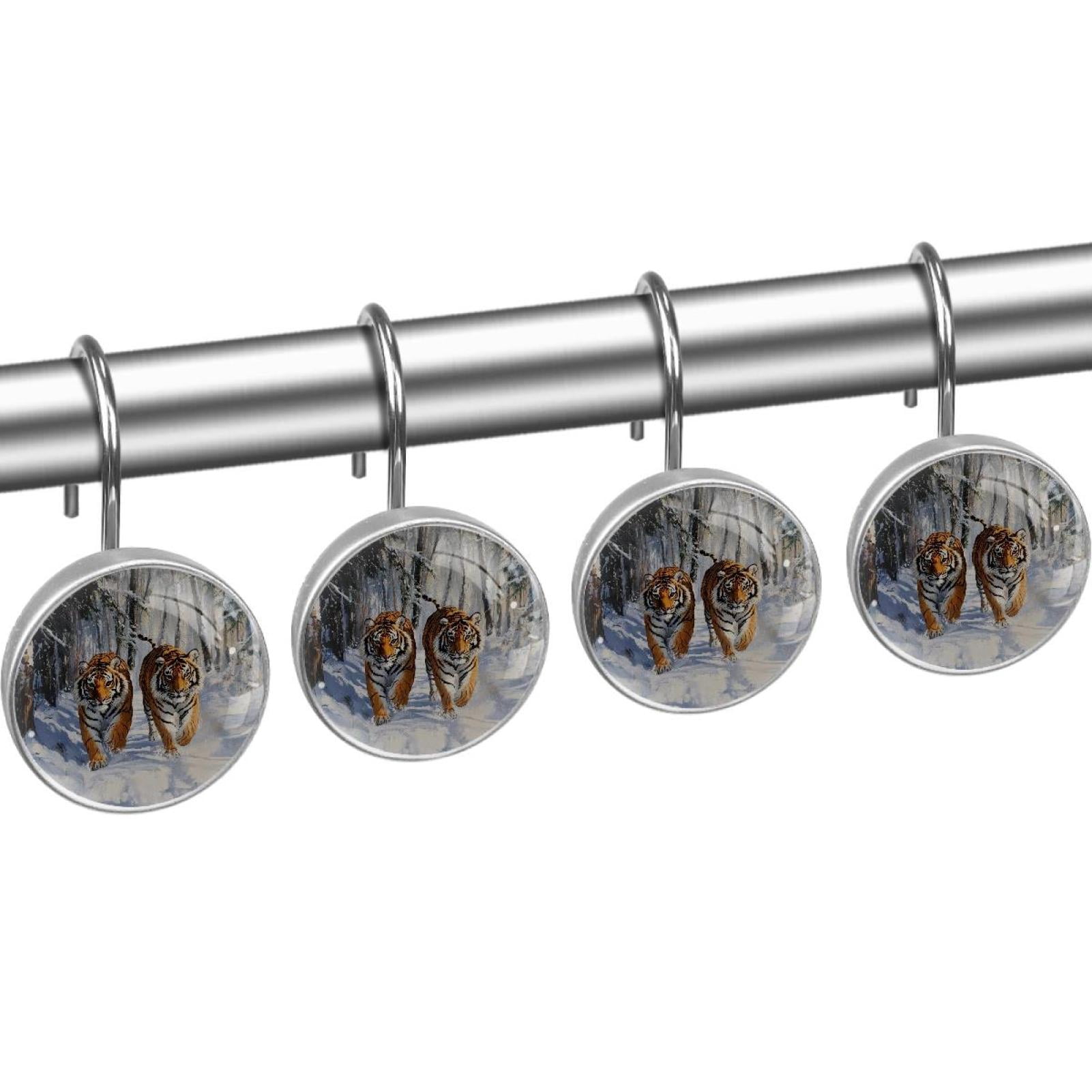 Snow Forest Tigers Shower Curtain Hooks Round Crystal Glass, Set of 12 Shower Curtain Rings - Shower Hooks for Curtain Shower Rings