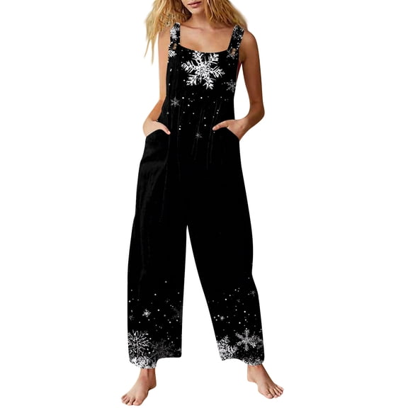 Women's Sleeveless Christmas Print Jumpsuit - Casual Cotton Romper, Black Size L