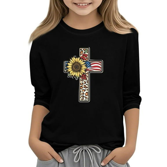 Toddler Child Girls Tee Short Sleeved T Shirt Cartoon Independnet Day Printed Pure Color Crewneck Casual Tops size 6-7T