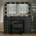 thumbnail image 4 of 13 Drawers Vanity Desk, 47''W Makeup Vanity with Power Outlet, Vanity Table with Mirror and 12 LED Bulbs, 3 Color Lighting Modes, Glass Top, Dressing Table for Bedroom ,Black, 4 of 8
