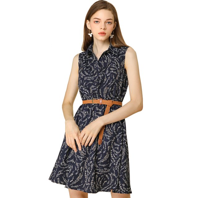 Vestido Sin Mangas Allegra K Día de San Patricio Cinturón Estampado Por Encima De La Rodilla Rama de flor azul oscuro M