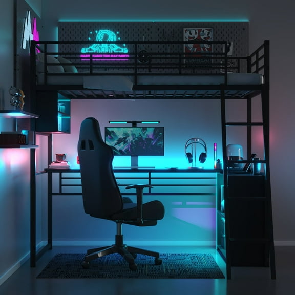Twin Size Solid and Stable Metal Loft Bed with Led, Desk and 4 Storage Shelves (Black)