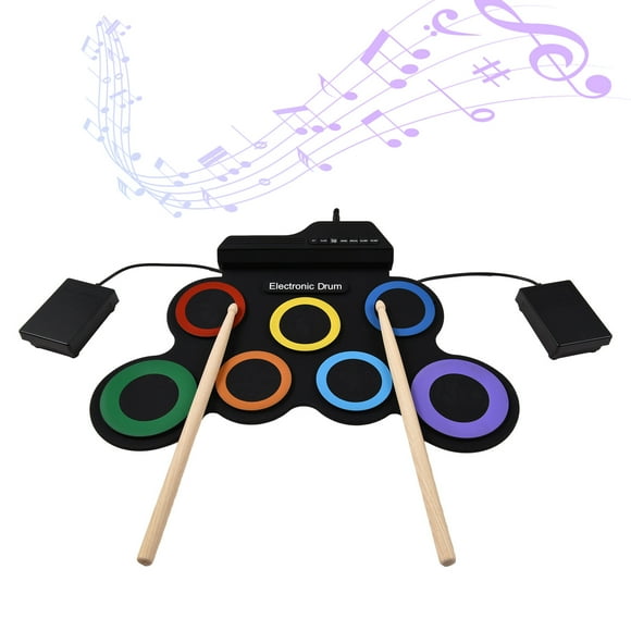 Electric Drum Set Portable Drum Pad Kit 7 Pads with Headphone Jack Pedals Drumsticks Holiday Birthday Gift Musical Instruments Practice Pad Drum Kit No Speaker